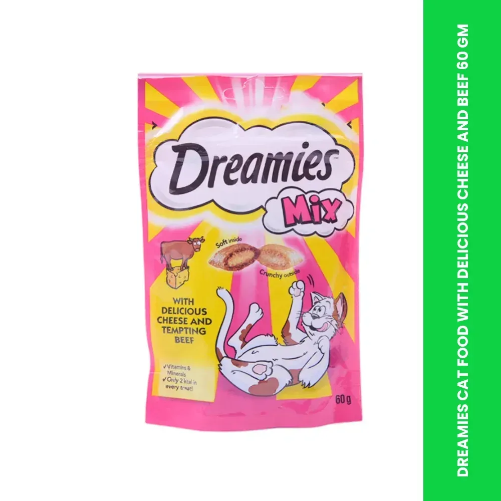 DREAMIES CAT FOOD WITH DELICIOUS CHEESE AND BEEF 60 GM 2 DREAMIES CAT FOOD WITH DELICIOUS CHEESE AND BEEF 60 GM